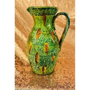 Vintage Hand Painted Clay Pitcher Creamer Small Vase Green  Brown Yellow Italy